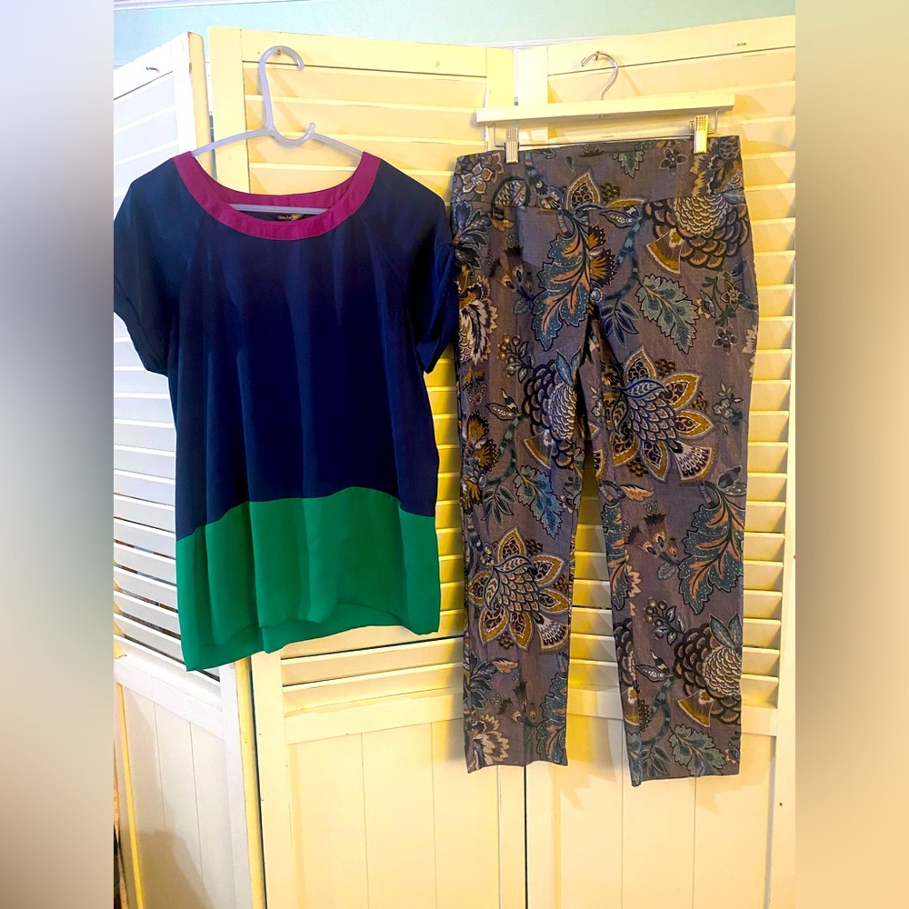Two piece outfit including Lisette patterned pants and Daisy Fuentes top